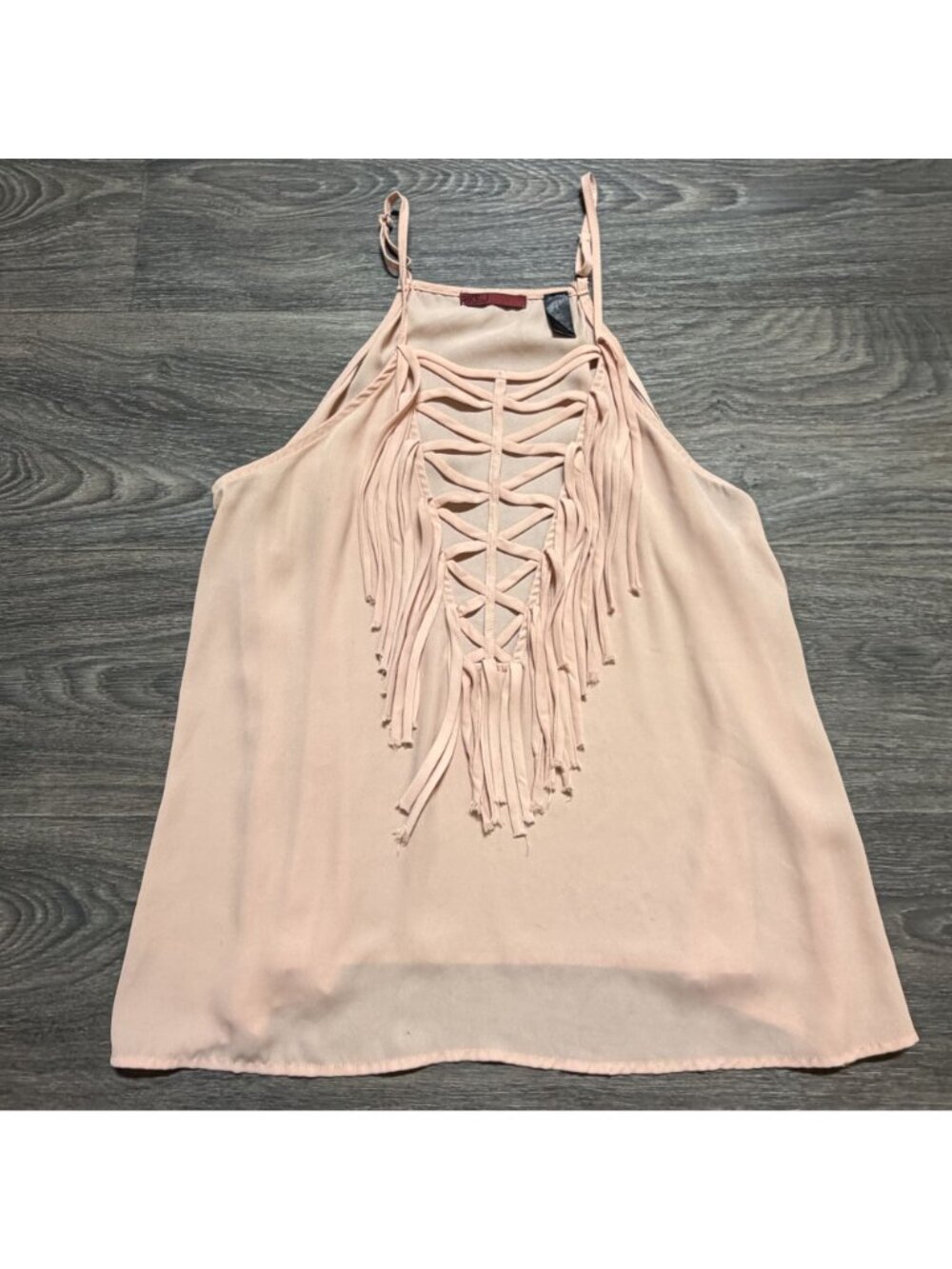 BKE Red Fringe Tank Top Large Blush Pink Crisscross Strappy Festival Y2K 00s - Picture 13 of 16
